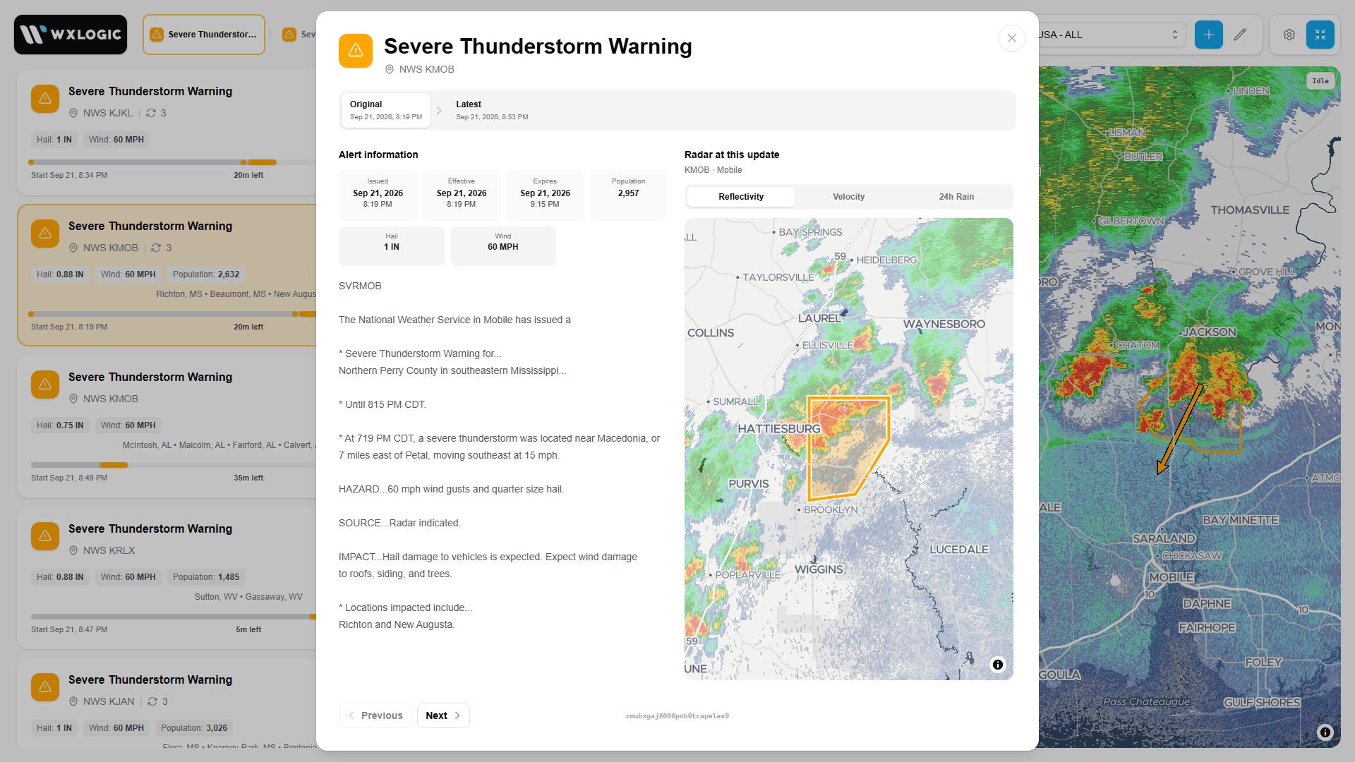 HazAlerts history view showing the original severe thunderstorm warning and radar