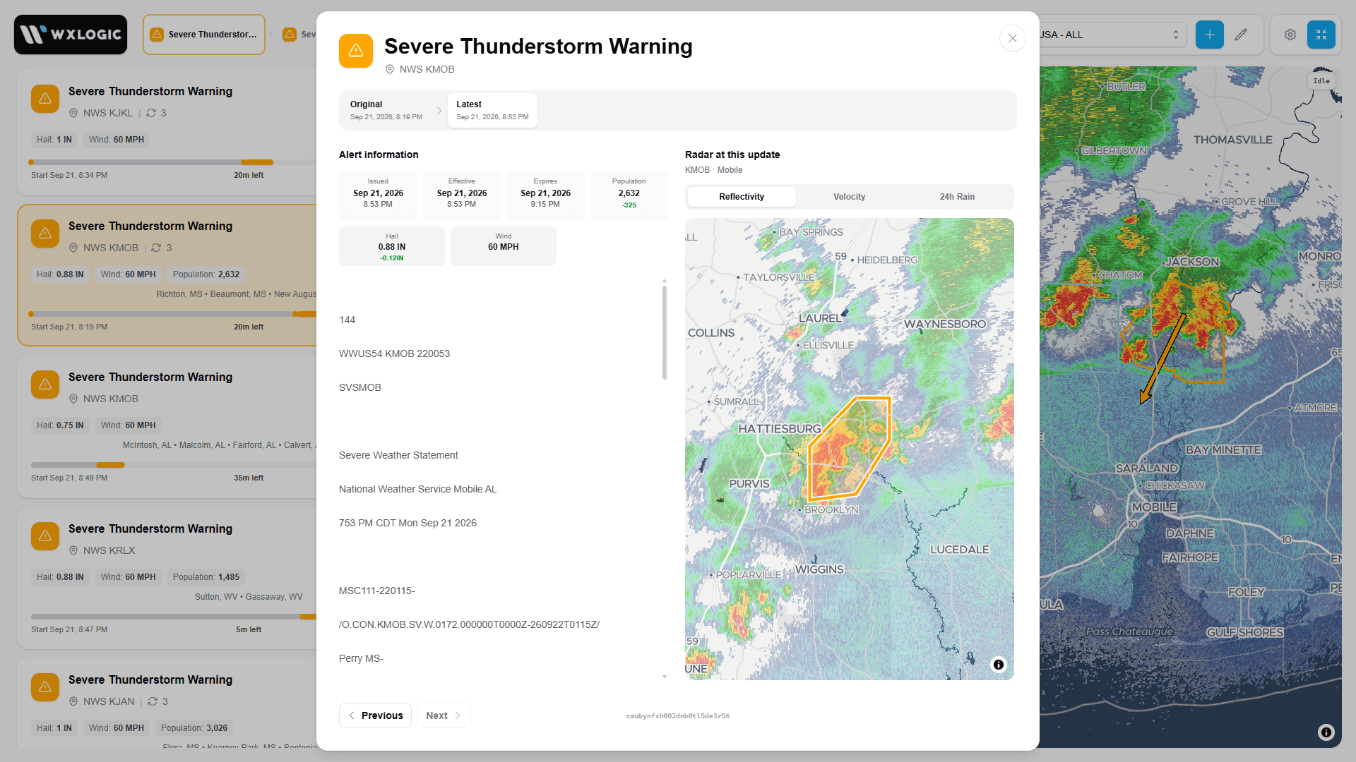 HazAlerts history view showing the latest severe thunderstorm warning update and radar