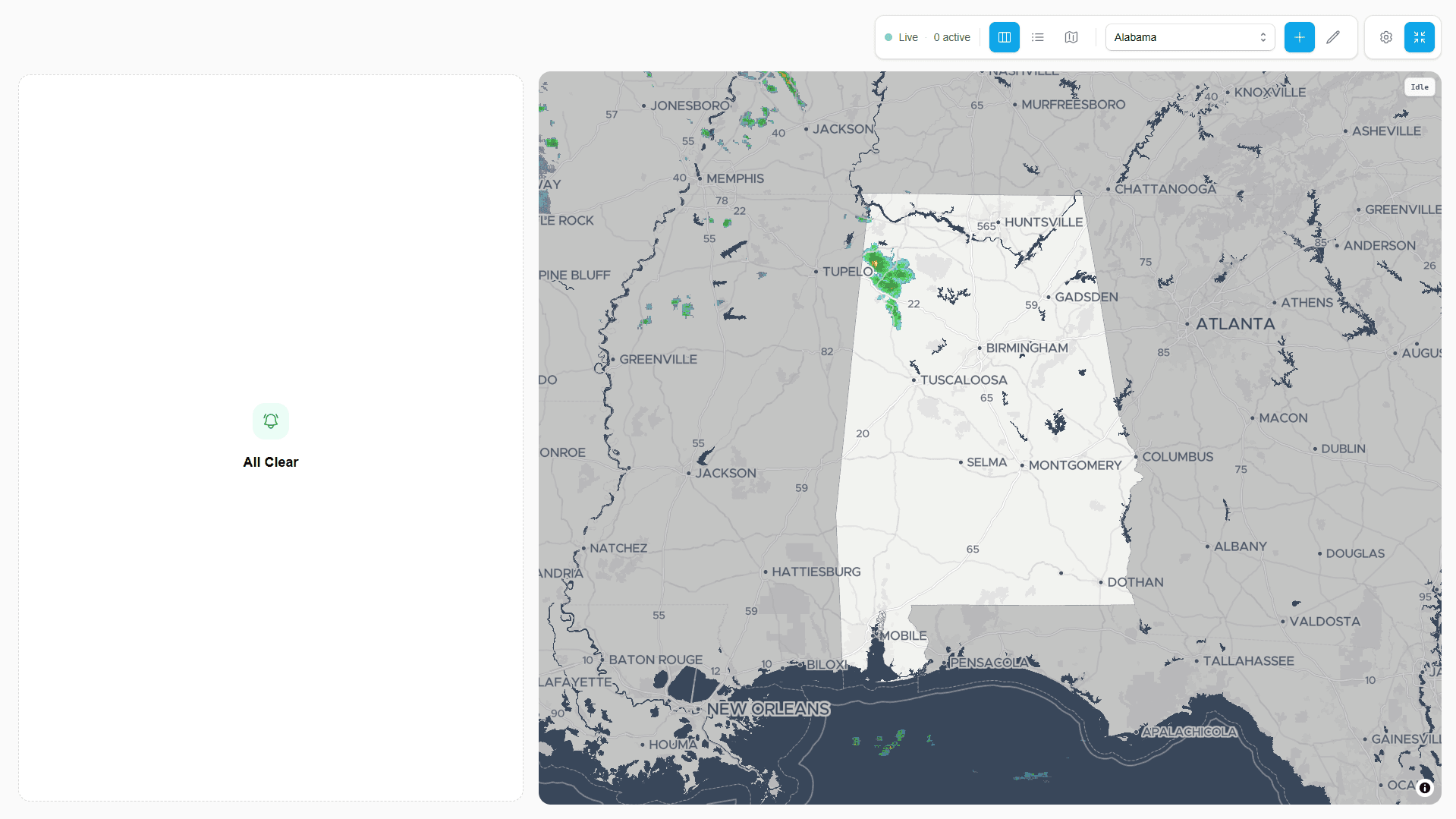 HazAlerts full-screen Alabama operations view showing no active alerts